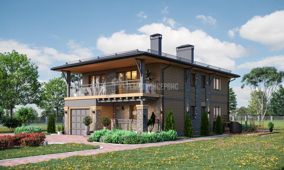 2. Проект двухэтажного дома в современном стиле с четырехскатной, t-28-01, площадью - 144 кв c балконом, гаражом